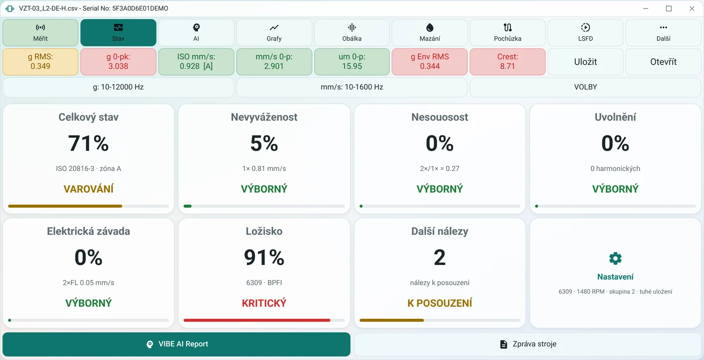 Obrazovka Stav stroje v demu VIBE APP