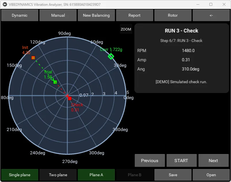 Modul vyvažování v aplikaci VIBE ANALYZER — polární diagram